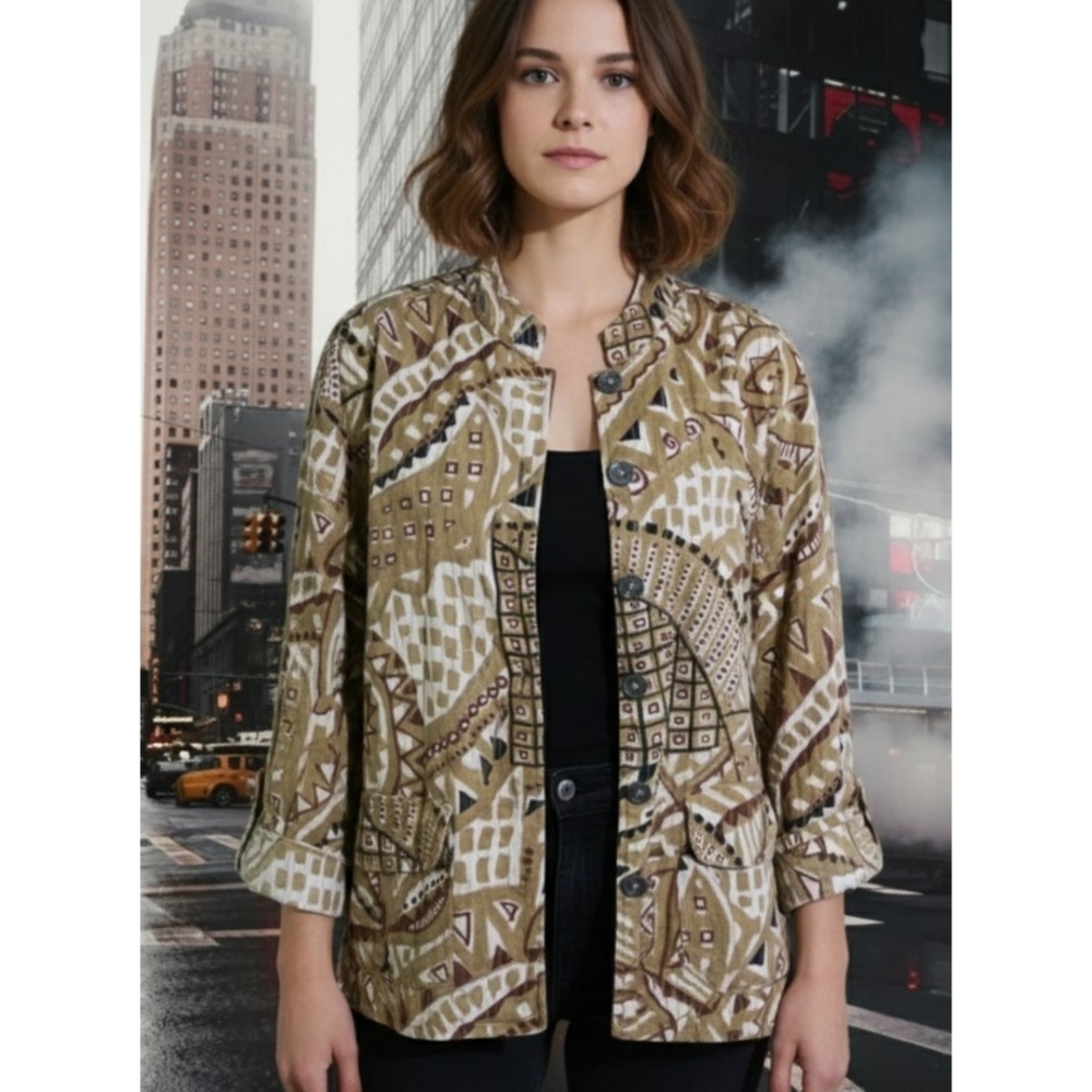 Life Style Woman Geometric Button Up Jacket Green & Burgundy Size 2X